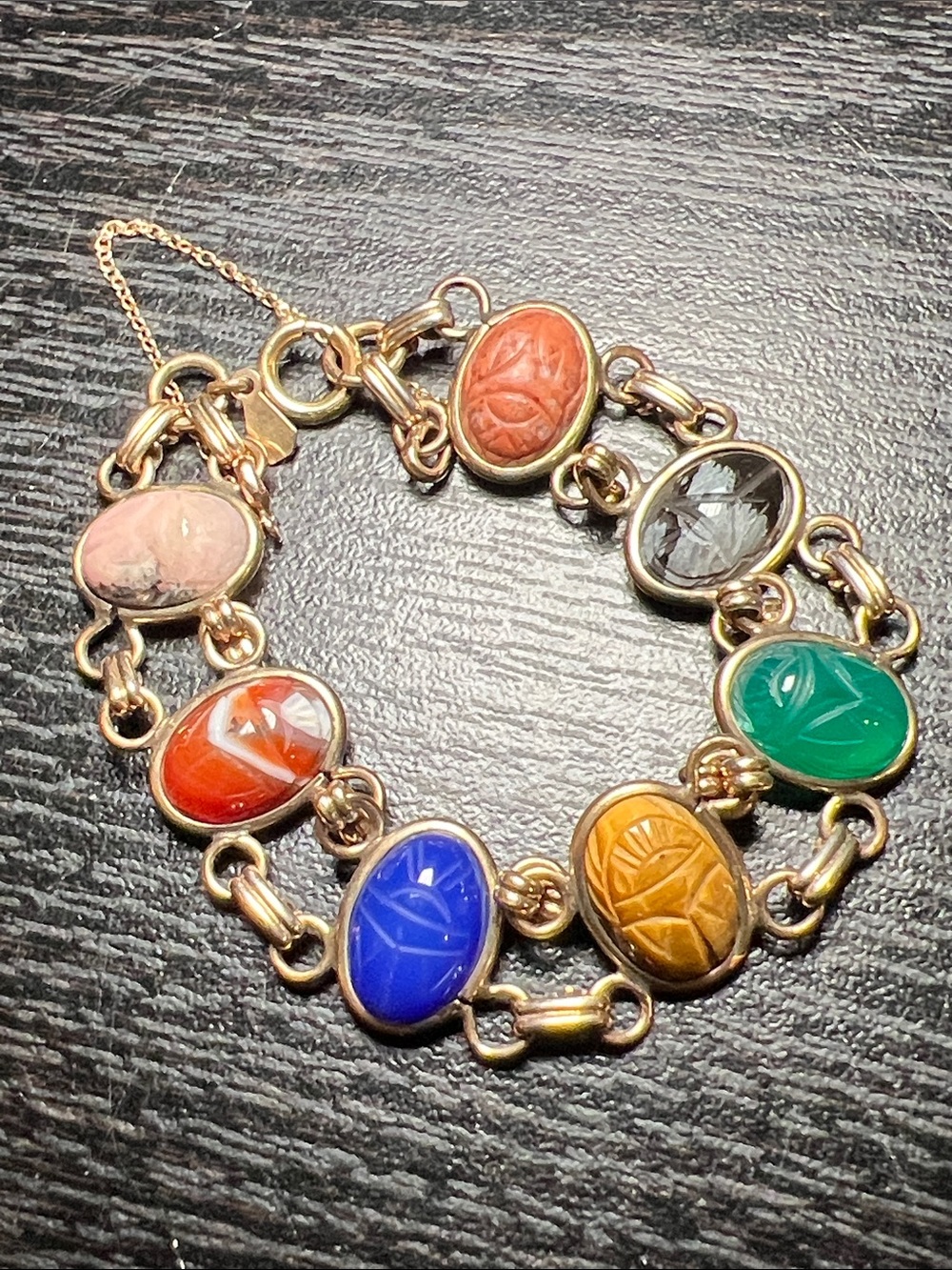 Vintage Amco Signed 12k Gold Filled Multi Gemstone Carved Scarab Bracelet - Picture 15 of 15